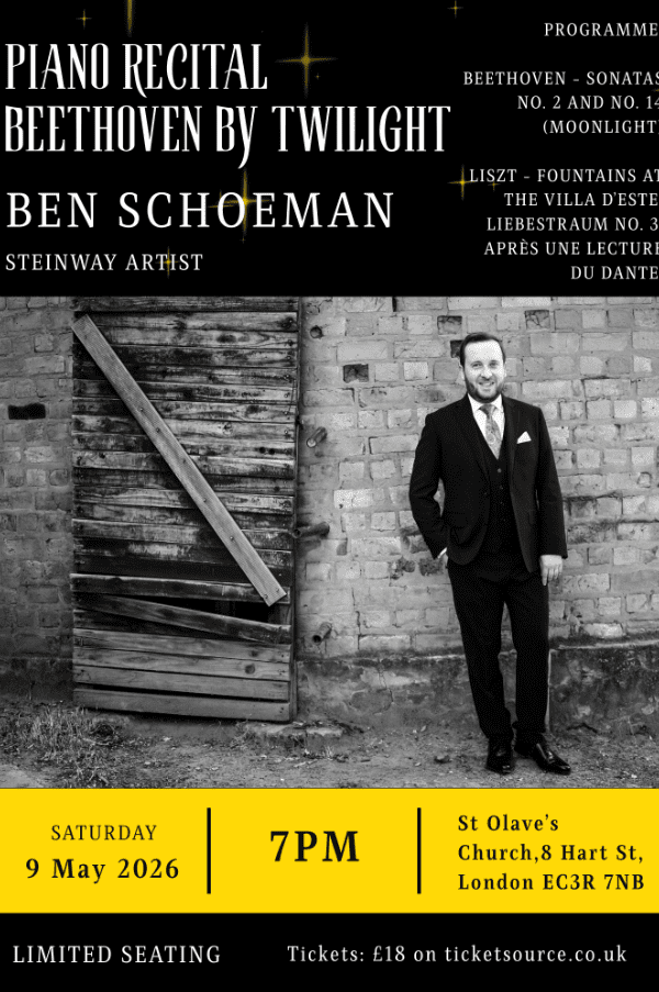 You are currently viewing Saturday 9th May 2026 – 7pm-8.20pm – Beethoven by Twilight (Ben Schoeman, Piano)