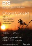 Tuesday 16th June 2026 – 7pm-8pm – Choral Concert by Blackheath Centre for Singing Chamber Choir